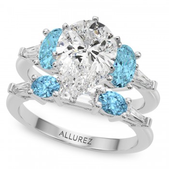 Pear Lab Grown Diamond & Oval Blue Topaz Bridal Set 14K White Gold (4.97ct)