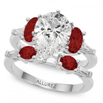 Pear Lab Grown Diamond & Oval Garnet Bridal Set 14K White Gold (4.97ct)