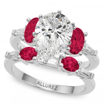 Pear Lab Grown Diamond & Oval Ruby Bridal Set 14K White Gold (5.09ct)