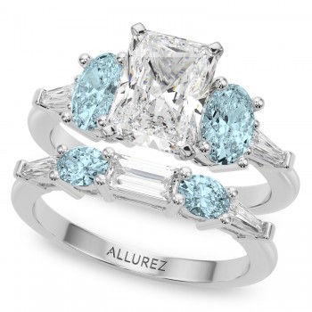 Radiant Lab Grown Diamond & Oval Aquamarine Bridal Set 14K White Gold (4.65ct)