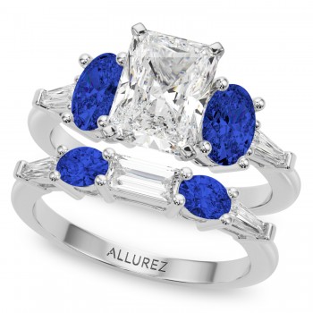 Radiant Lab Grown Diamond & Oval Blue Sapphire Bridal Set 14K White Gold (5.17ct)