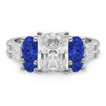 Radiant Lab Grown Diamond & Oval Blue Sapphire Bridal Set 14K White Gold (5.17ct)