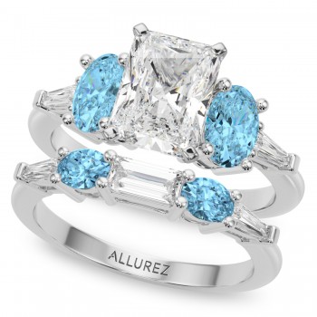 Radiant Lab Grown Diamond & Oval Blue Topaz Bridal Set 14K White Gold (4.97ct)