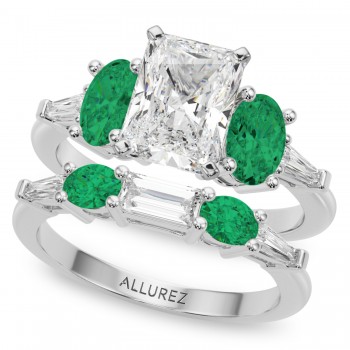 Radiant Lab Grown Diamond & Oval Emerald Bridal Set 14K White Gold (4.65ct)