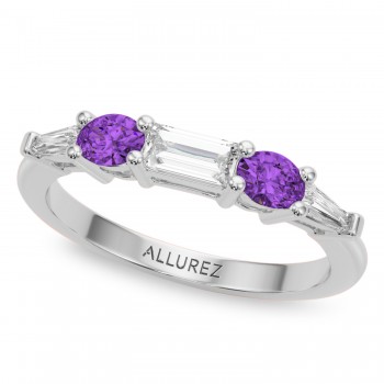 Baguette Lab Grown Diamond & Oval Amethyst Wedding Ring Band 14K White Gold (0.67ct)