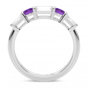 Baguette Lab Grown Diamond & Oval Amethyst Wedding Ring Band 14K White Gold (0.67ct)