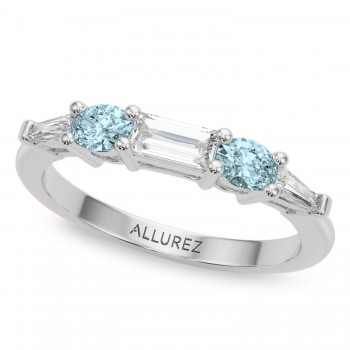 Baguette Lab Grown Diamond & Oval Aquamarine Wedding Ring Band 14K White Gold (0.67ct)