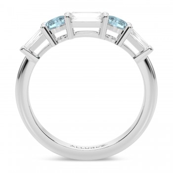 Baguette Lab Grown Diamond & Oval Aquamarine Wedding Ring Band 14K White Gold (0.67ct)