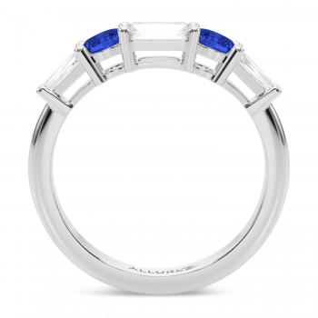 Baguette Lab Grown Diamond & Oval Blue Sapphire Wedding Ring Band 14K White Gold (0.85ct)