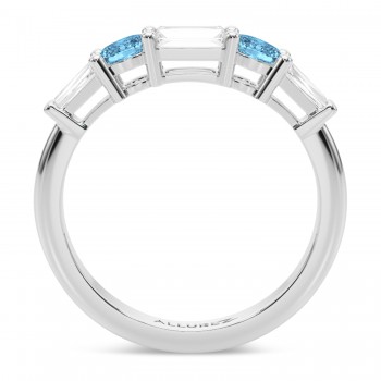 Baguette Lab Grown Diamond & Oval Blue Topaz Wedding Ring Band 14K White Gold (0.79ct)