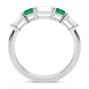 Baguette Lab Grown Diamond & Oval Emerald Wedding Ring Band 14K White Gold (0.67ct)