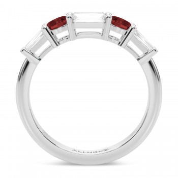 Baguette Lab Grown Diamond & Oval Garnet Wedding Ring Band 14K White Gold (0.79ct)