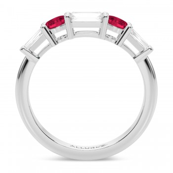 Baguette Lab Grown Diamond & Oval Ruby Wedding Ring Band 14K White Gold (0.85ct)