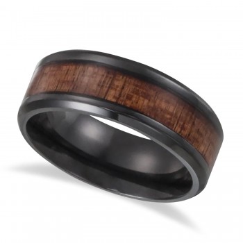 Black Titanium Beveled Edge with Hawaiian Koa Wood Inlay Wedding Band (8mm)