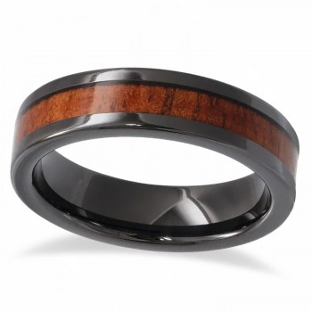 Black Ceramic Flat Wedding Band with KOA Wood Inlay (8mm)