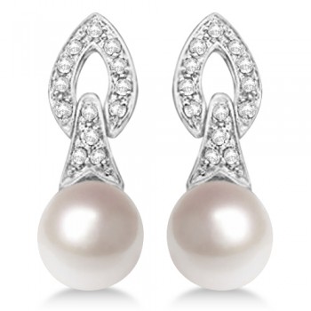 Cultured Freshwater Pearl & Diamond Drop Earrings 14K White Gold (7mm)