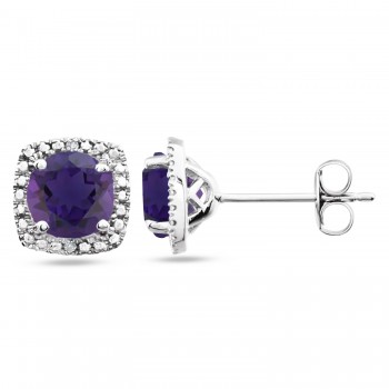 Natural Amethyst & Diamond Stud Earrings Sterling Silver (0.76ct)