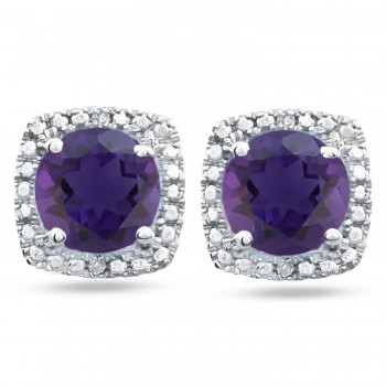 Natural Amethyst & Diamond Stud Earrings Sterling Silver (0.76ct)
