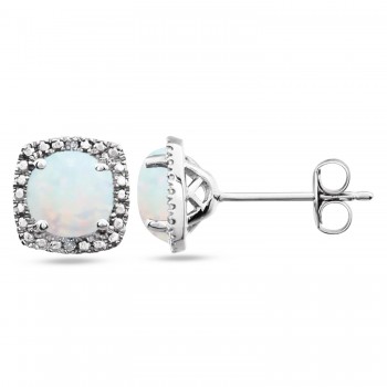Lab Grown White Opal & Natural Diamond Stud Earrings Sterling Silver (0.65ct)
