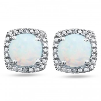 Lab Grown White Opal & Natural Diamond Stud Earrings Sterling Silver (0.65ct)