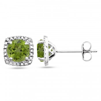 Natural Peridot & Diamond Stud Earrings Sterling Silver (0.97ct)