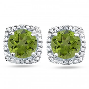 Natural Peridot & Diamond Stud Earrings Sterling Silver (0.97ct)