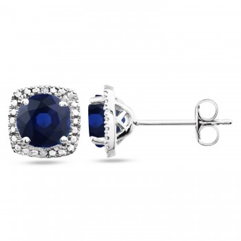 Lab Grown Blue Sapphire & Natural Diamond Stud Earrings in Sterling Silver (1.23ct)