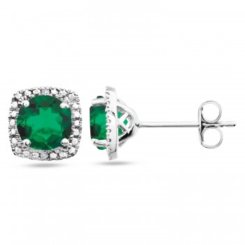 Lab Grown Emerald & Natural Diamond Stud Earrings Sterling Silver (0.80ct)
