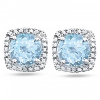 Natural Sky Blue Topaz & Diamond Stud Earrings Sterling Silver (1.07ct)