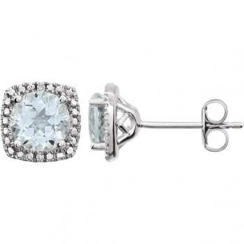 Natural Aquamarine & Diamond Stud Earrings Sterling Silver (0.77ct)