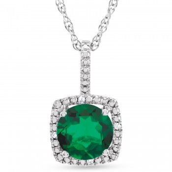 Lab Grown Emerald & Natural Diamond Pendant Necklace Sterling Silver (1.21ct)
