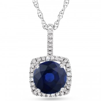 Lab Grown Blue Sapphire & Natural Diamond Pendant Necklace in Sterling Silver (1.85ct)