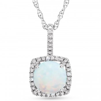 Lab Grown White Opal & Natural Diamond Pendant Necklace Sterling Silver (1.02ct)