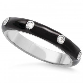 Natural Diamond & Black Enamel Ring 14K White Gold (0.05ct)