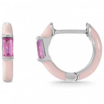 Natural Pink Tourmaline & Pink Enamel Hoop Earrings 14K White Gold (0.13ct)
