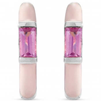 Natural Pink Tourmaline & Pink Enamel Hoop Earrings 14K White Gold (0.13ct)