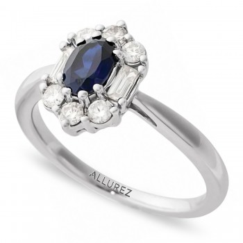 Oval Lab Grown Blue Sapphire & Diamond Halo Ring 14K White Gold (0.95ct)