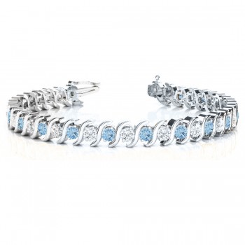 Aquamarine & Diamond Tennis S Link Bracelet 18k White Gold (6.00ct)