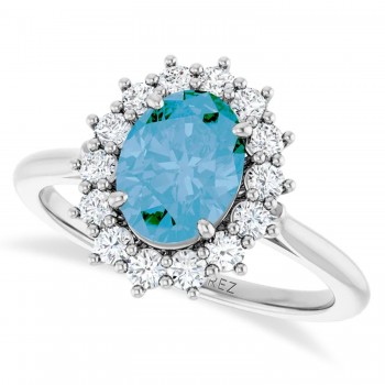 Oval Blue Topaz & Diamond Halo Ring 14K White Gold (1.95ct)