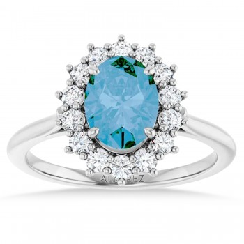 Oval Blue Topaz & Diamond Halo Ring 14K White Gold (1.95ct)