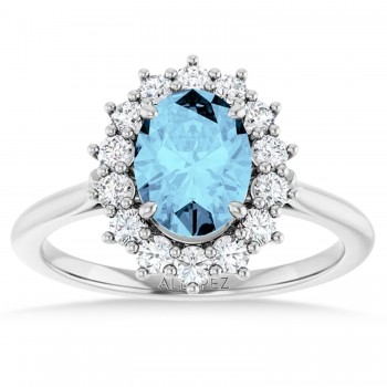 Oval Aquamarine & Diamond Halo Ring 14K White Gold (1.59ct)