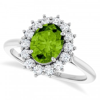 Oval Peridot & Diamond Halo Ring 14K White Gold (1.83ct)