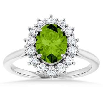 Oval Peridot & Diamond Halo Ring 14K White Gold (1.83ct)
