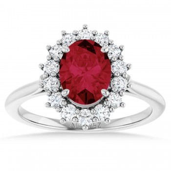 Oval Lab Grown Ruby & Diamond Halo Ring 14K White Gold (2.16ct)