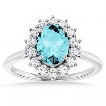 Oval Blue Zircon & Diamond Halo Ring 14K White Gold (2.60ct)