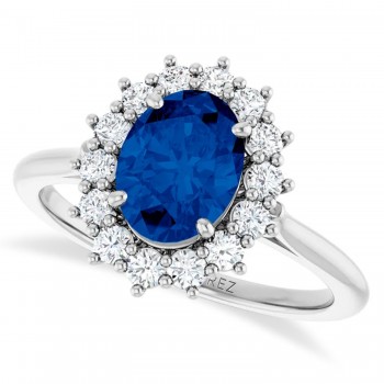 Oval Lab Grown Blue Sapphire & Diamond Halo Ring 14K White Gold (2.16ct)
