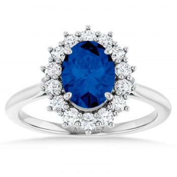 Oval Lab Grown Blue Sapphire & Diamond Halo Ring 14K White Gold (2.16ct)
