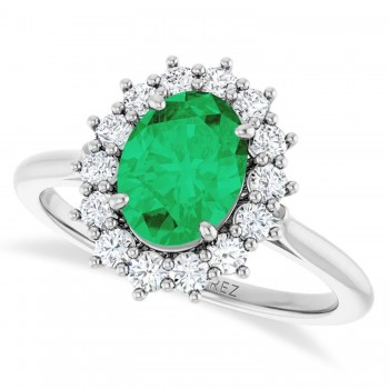 Oval Lab Grown Emerald & Diamond Halo Ring 14K White Gold (1.56ct)