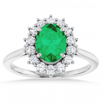 Oval Lab Grown Emerald & Diamond Halo Ring 14K White Gold (1.56ct)