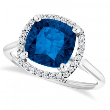 Cushion Lab Grown Blue Sapphire & Diamond Halo Ring 14K White Gold (3.44ct)